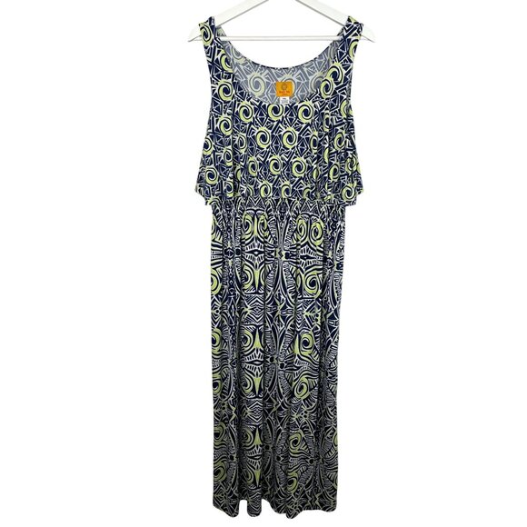 Ruby Rd Plus Size PXL Maxi Dress Tribal Print Navy Lime Sleeveless - Picture 1 of 6